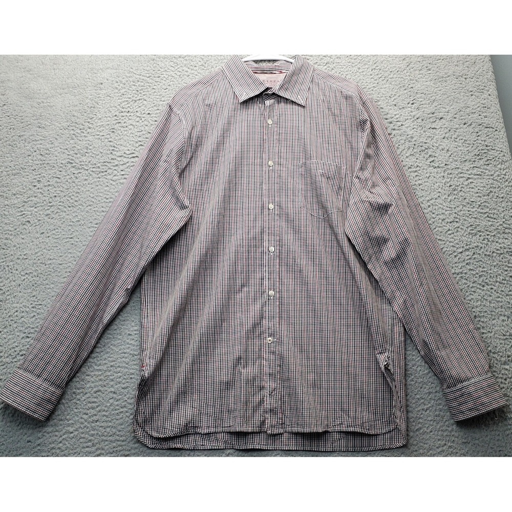 René Lezard Shirt Men Size 43 Multi Plaid Regular Fit Chest Pocket High Low Slit